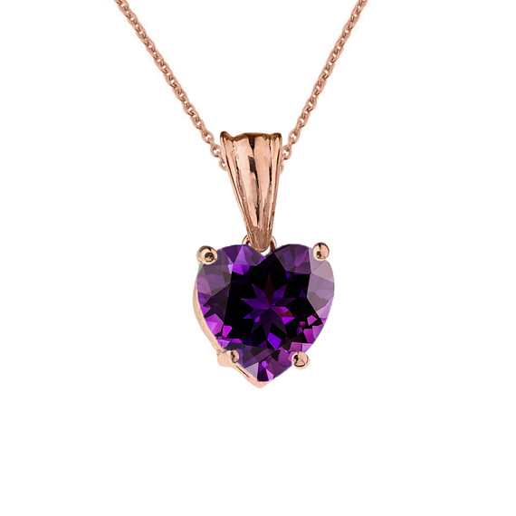 10K Rose Gold Heart February Birthstone Amethyst (LCAM) Pendant Necklace & Earring Set