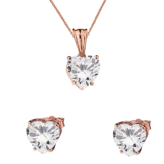 10K Rose Gold Heart April Birthstone Cubic Zirconia (C.Z) Pendant Necklace & Earring Set