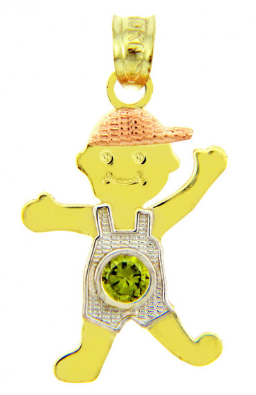 Tri Tone Gold Boy  Birthstone Charm w/ CZ Peridot