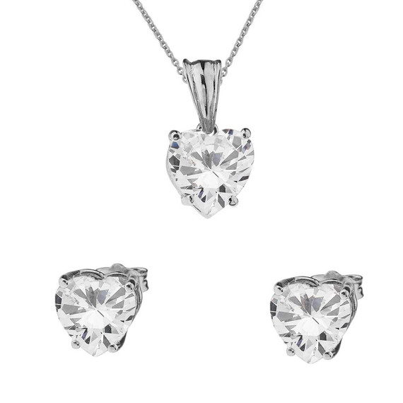 10K White Gold Heart April Birthstone Cubic Zirconia (C.Z) Pendant Necklace & Earring Set