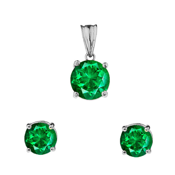 10K White  Gold May Birthstone Emerald (LCE) Pendant Necklace & Earring Set
