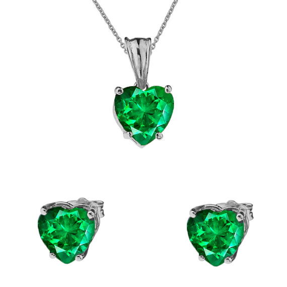 10K White Gold Heart May Birthstone Emerald  (LCE) Pendant Necklace & Earring Set