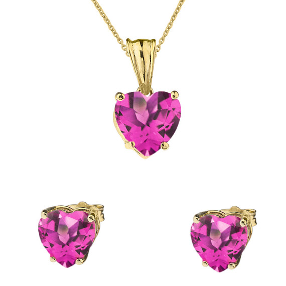 10K Yellow Gold Heart June Birthstone Alexandrite (LCAL) Pendant Necklace & Earring Set