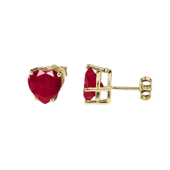 10K Yellow Gold Heart July Birthstone Ruby (LCR) Pendant Necklace & Earring Set