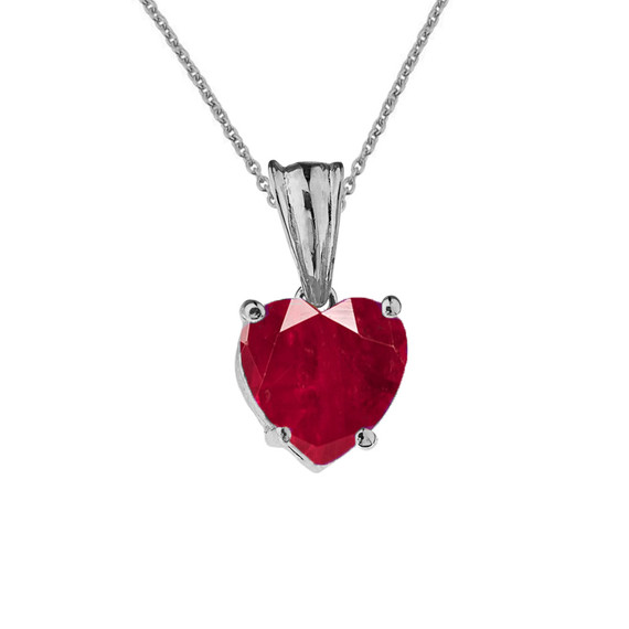 10K White Gold Heart July Birthstone Ruby (LCR) Pendant Necklace & Earring Set