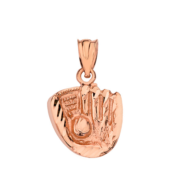 Solid Rose Gold Diamond Cut Baseball Glove Pendant Necklace