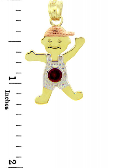 Tri Tone Gold Boy Birthstone Charm w/ CZ Ruby Garnet