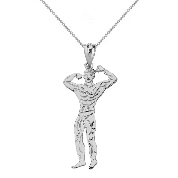 Sterling Silver Weightlifting Fitness Sport Male Bodybuilder Pendant Necklace