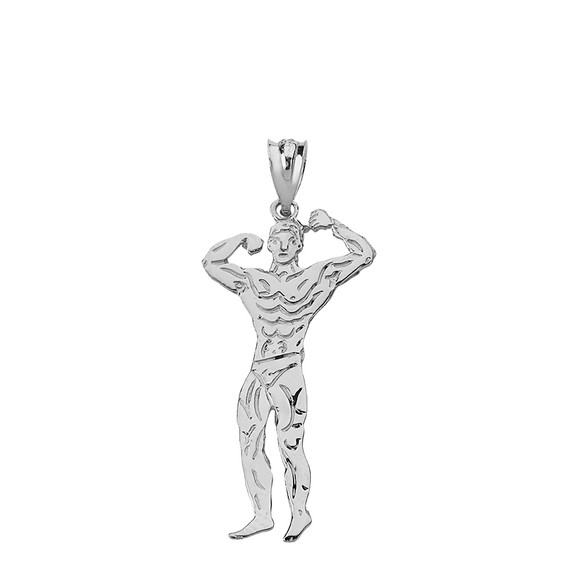 Sterling Silver Weightlifting Fitness Sport Male Bodybuilder Pendant Necklace