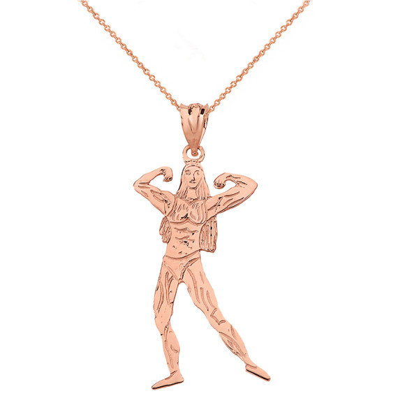 Weightlifting Fitness Sport Female Bodybuilder Pendant Necklace in Solid Gold (Yellow/Rose/White)