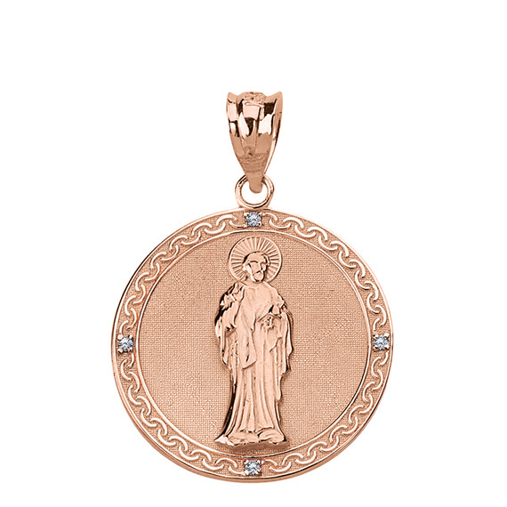 Solid Rose Gold  Diamond Saint Peter Engravable Circle Medallion Pendant Necklace (Large)