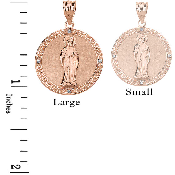 Solid Rose Gold  Diamond Saint Peter Engravable Circle Medallion Pendant Necklace (Large)