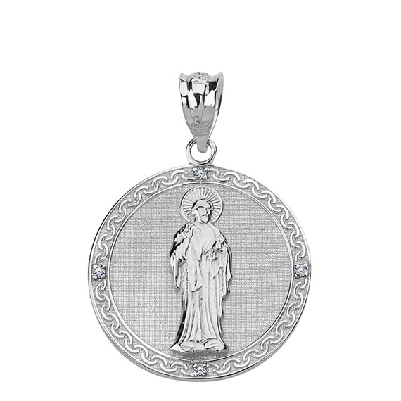 Solid White Gold  Diamond Saint Peter Engravable Circle Medallion Pendant Necklace (Large)