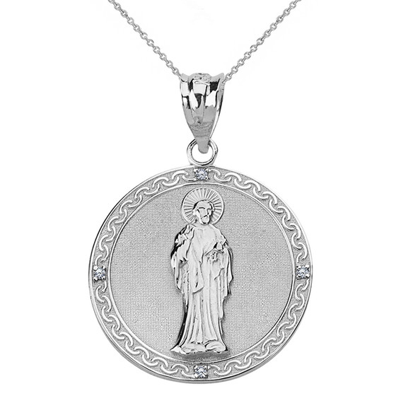 Solid White Gold  Diamond Saint Peter Engravable Circle Medallion Pendant Necklace (Large)
