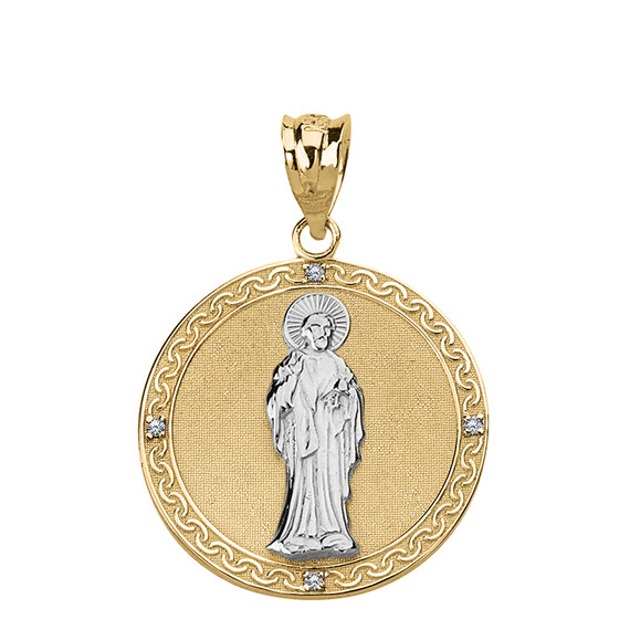 Solid Two Tone Yellow Gold Diamond Saint Peter Engravable Circle Medallion Pendant Necklace (Large)