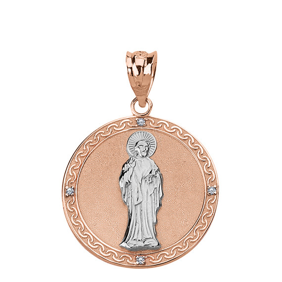 Solid Two Tone Rose Gold Diamond Saint Peter Engravable Circle Medallion Pendant Necklace (Large)