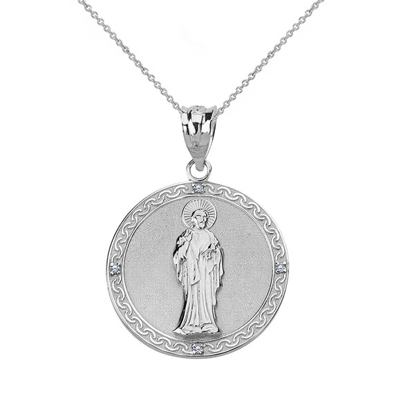 Sterling Silver CZ Saint Peter Engravable Circle Medallion Pendant Necklace (Small)