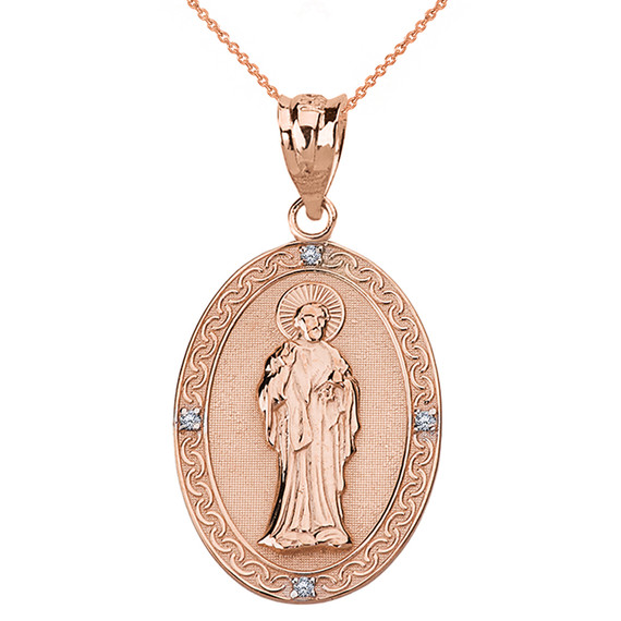 Solid Rose Gold Diamond Saint Peter Engravable Oval Medallion Pendant Necklace (Large)