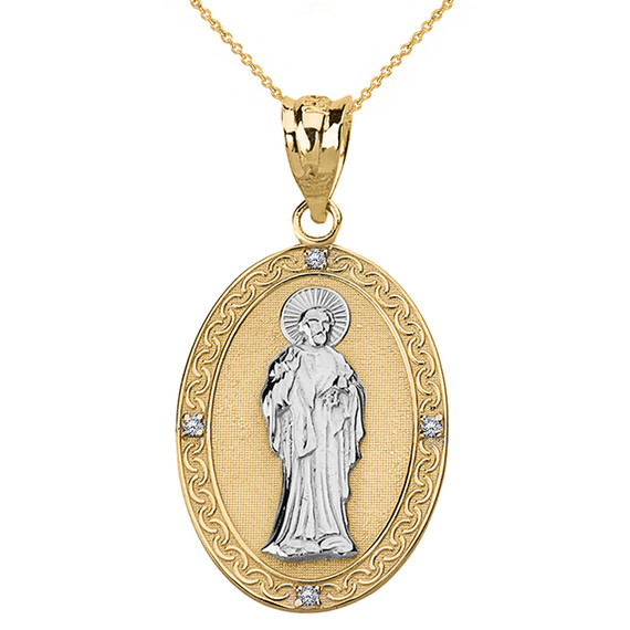 Solid Two Tone Yellow Gold Diamond Saint Peter Engravable Oval Medallion Pendant Necklace (Large)