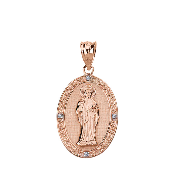 Diamond Saint Peter Engravable Oval Medallion Pendant Necklace (Small) in Solid Gold (Yellow/Rose/White)