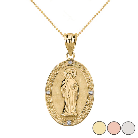 Diamond Saint Peter Engravable Oval Medallion Pendant Necklace (Small) in Solid Gold (Yellow/Rose/White)