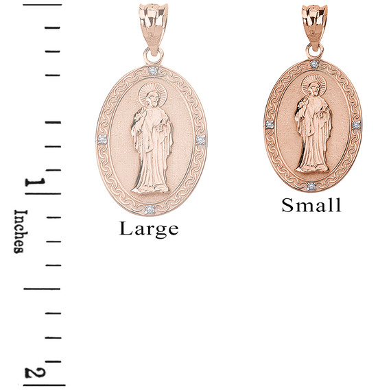 Solid Rose Gold Diamond Saint Peter Engravable Oval Medallion Pendant Necklace (Small)