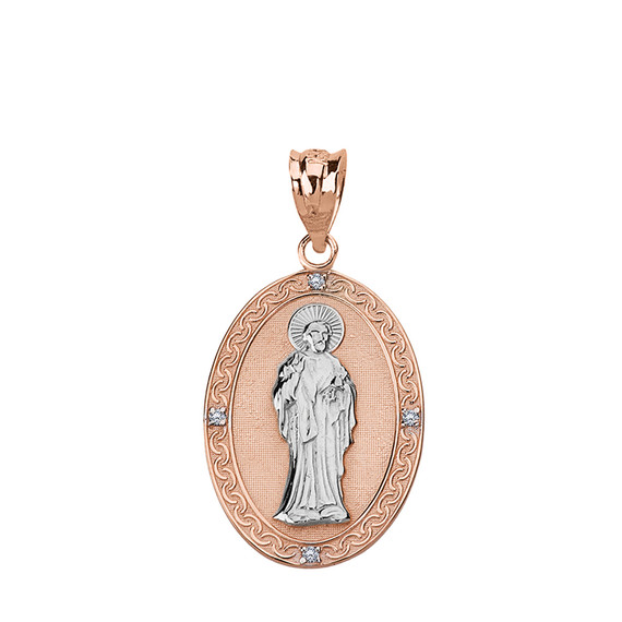 Solid Two Tone Rose Gold Diamond Saint Peter Engravable Oval Medallion Pendant Necklace (Small)