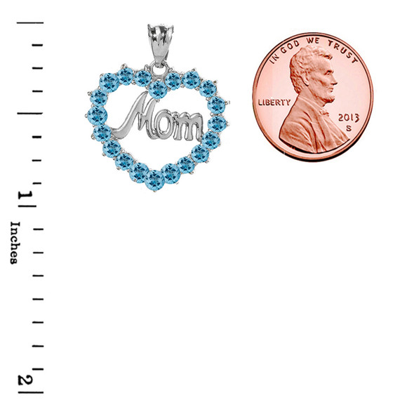 Sterling Silver  "Mom" Blue Topaz  (LCBT) in Open Heart Pendant Necklace