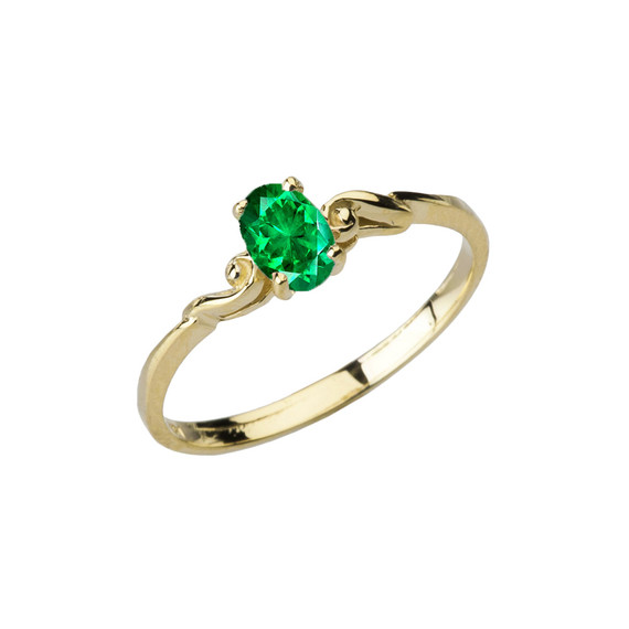 Dainty Yellow Gold Elegant Swirled Genuine Emerald Solitaire Ring