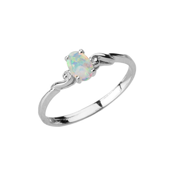 Dainty White Gold Elegant Swirled Opal Solitaire Ring