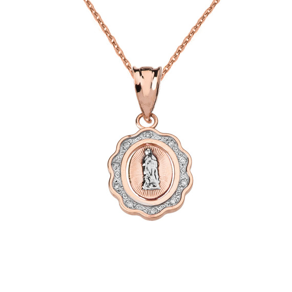Rose  Gold Diamond Lady of Guadalupe Two-Tone Pendant Necklace