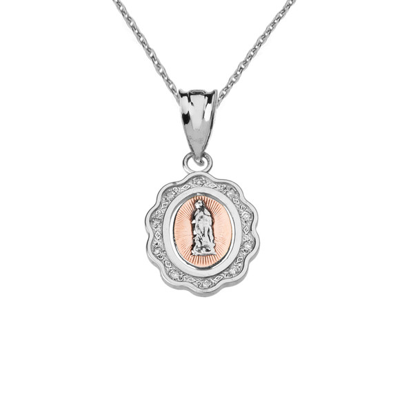 White  Gold Diamond Lady of Guadalupe Tri-Tone Pendant Necklace