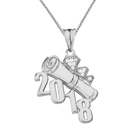 White  Gold Diamond Diagonal Class of 2018 Graduation Diploma Pendant Necklace