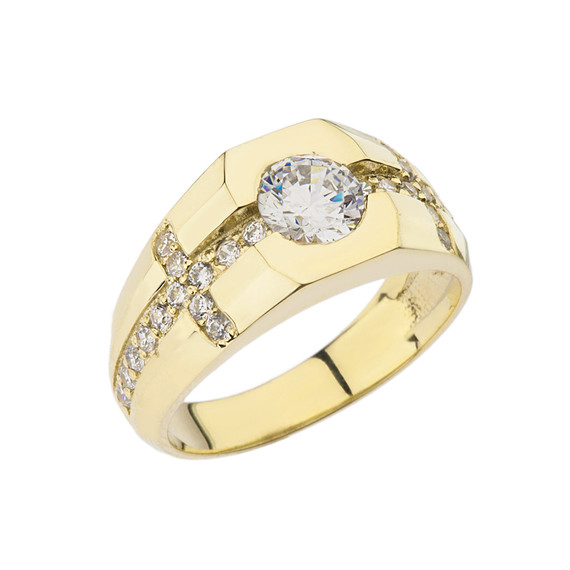 Mens Gold Diamond Cross Ring with White Topaz Center Stone