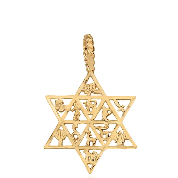 Jewish Star of David Charm 12 Tribes of Israel Pendant Necklace in Solid Gold (Yellow/Rose/White)