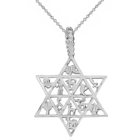 Solid White Gold Jewish Star of David Charm 12 Tribes of Israel Pendant Necklace