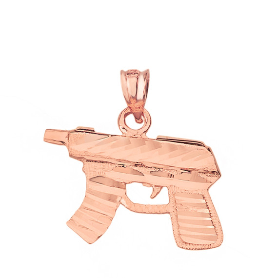 Solid Rose Gold Diamond Cut Gun Rifle Pendant Necklace