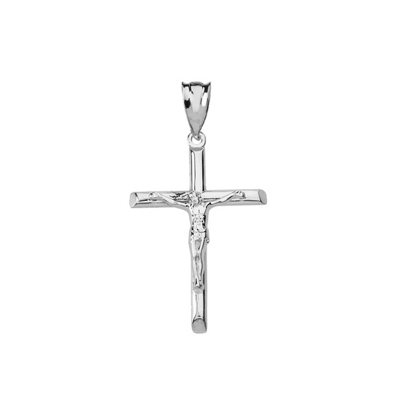 Solid White Gold Jesus Christ Crucifix Cross Pendant Necklace