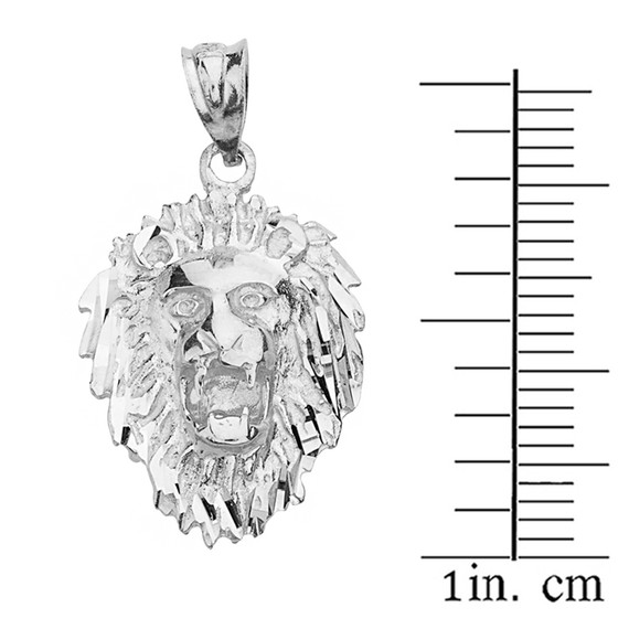 Solid White Gold Diamond Cut Roaring Lion Head  Pendant Necklace