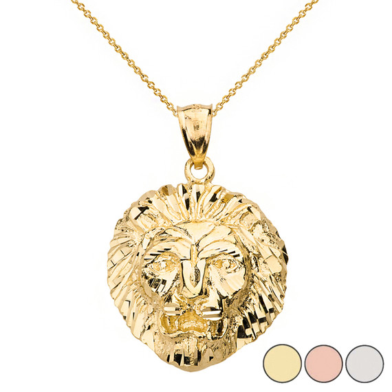 Diamond Cut Leo Zodiac Roaring Lion Head Pendant Necklace in Solid Gold (Yellow/Rose/White)