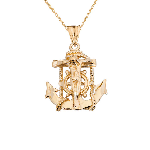 Small Yellow Gold Anchor Crucifix Pendant Necklace