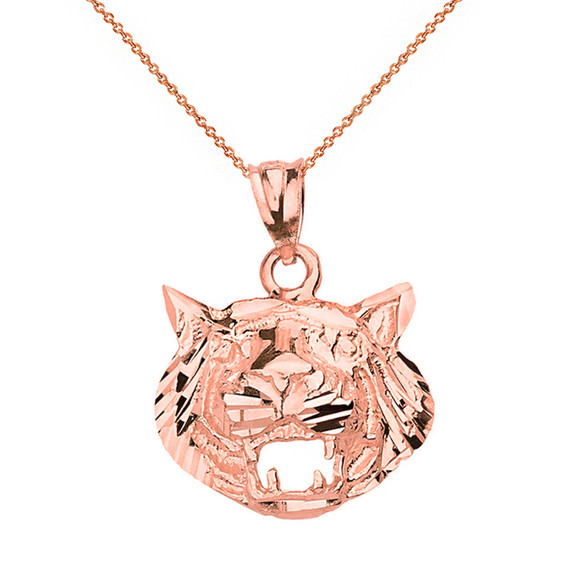 Diamond Cut Roaring Tiger Head Pendant Necklace  in Solid Gold (Yellow/Rose/White)