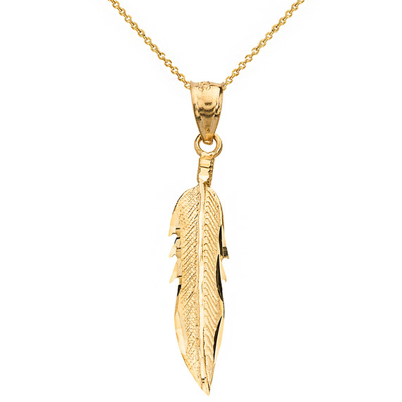 Solid Yellow Gold Diamond Cut Boho Feather Pendant Necklace