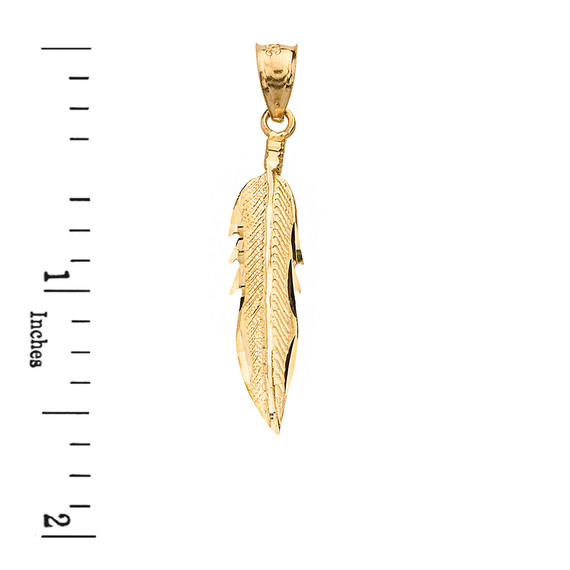 Solid Yellow Gold Diamond Cut Boho Feather Pendant Necklace