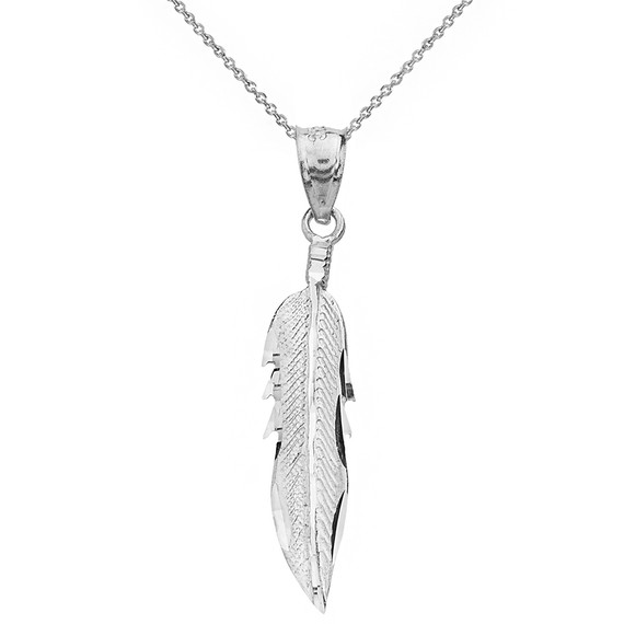 Solid White Gold Diamond Cut Boho Feather Pendant Necklace