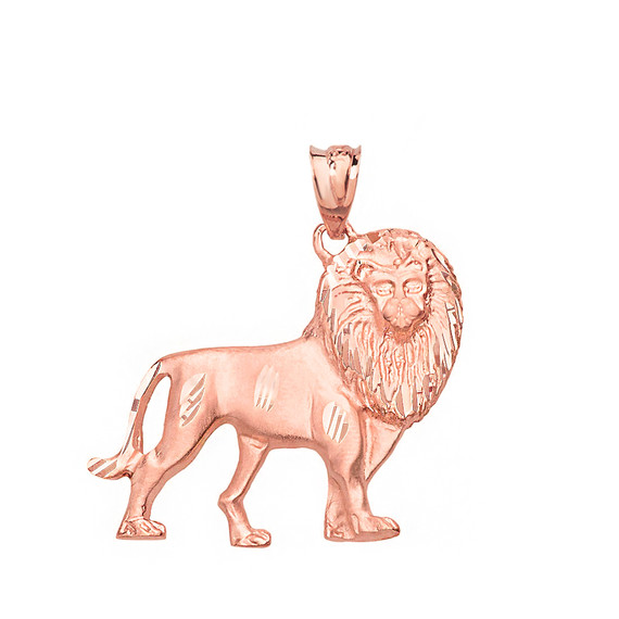 Solid Rose Gold Diamond Cut Leo Zodiac Royal Lion Pendant Necklace