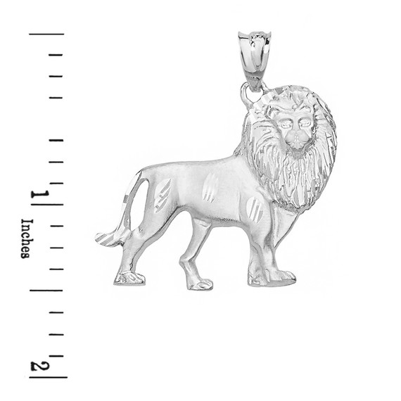 Solid White Gold Diamond Cut Leo Zodiac Royal Lion Pendant Necklace