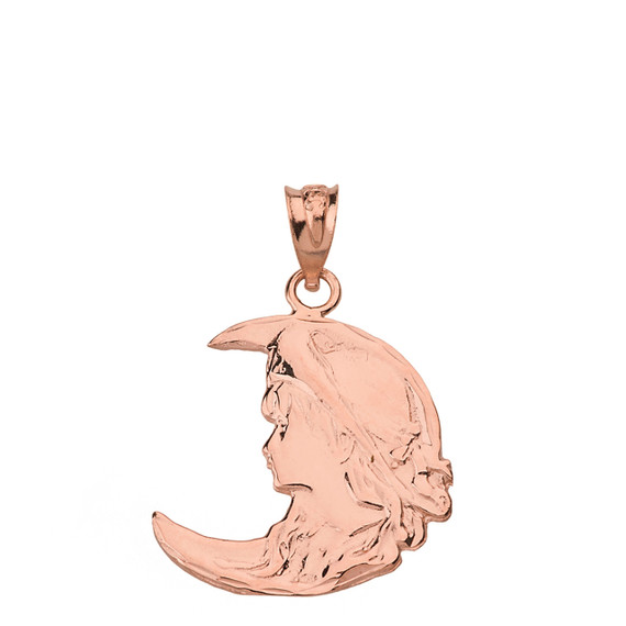 Art Nouveau Lady in Crescent Moon Pendant Necklace in Solid Gold (Yellow/Rose/White)