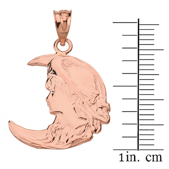 Solid Rose Gold Art Nouveau Lady in Crescent Moon Pendant Necklace