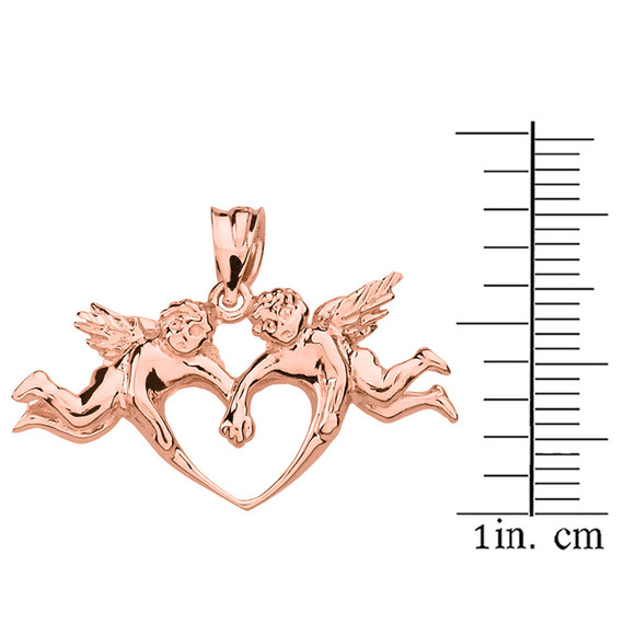 Solid Rose Gold Cherub Angels Love Heart Pendant Necklace